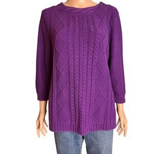Lands’ End Cable Knit Chunky Purple Swearer 1X Scoop Neck Wrist Length Sleeve